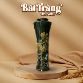 Bình hoa gốm sứ dáng trúc cao men xanh rêu khắc chìm hoa phù dung BT-LH58