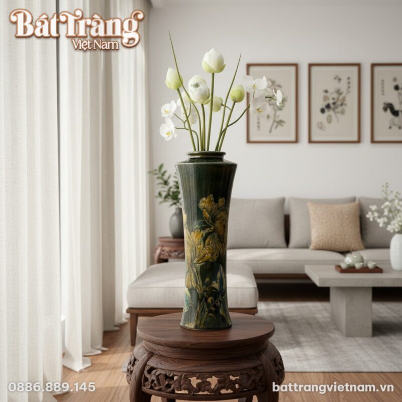 Bình hoa gốm sứ Bát Tràng men xanh rêu dáng trú...
