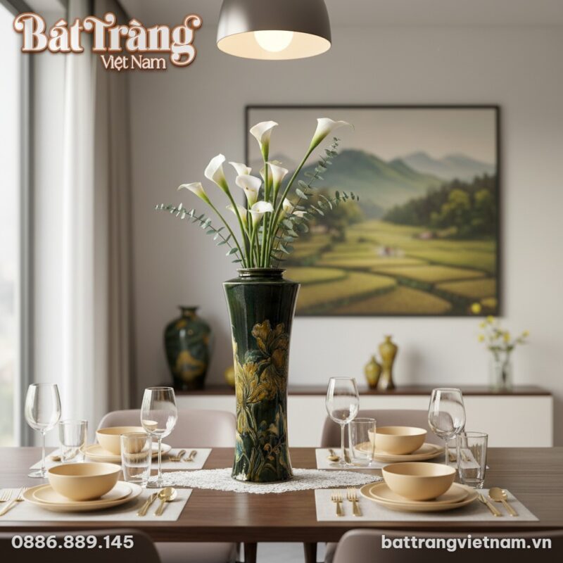 Bình hoa gốm sứ Bát Tràng men xanh rêu dáng trú...