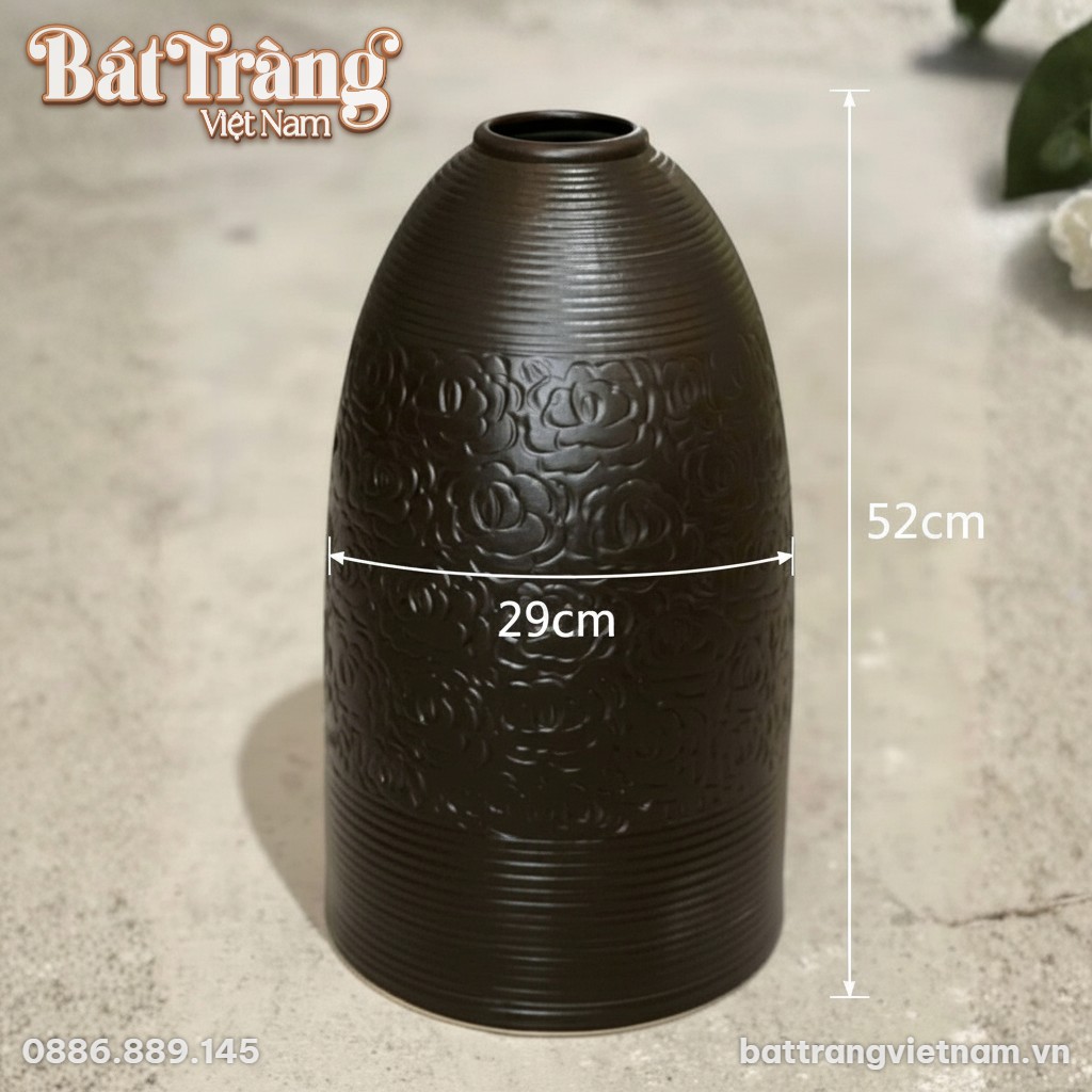 K&iacute;ch thước B&igrave;nh hoa men gốm mộc d&aacute;ng chu&ocirc;ng v&acirc;n ngang khắc ch&igrave;m hoa hồng BT-LH89