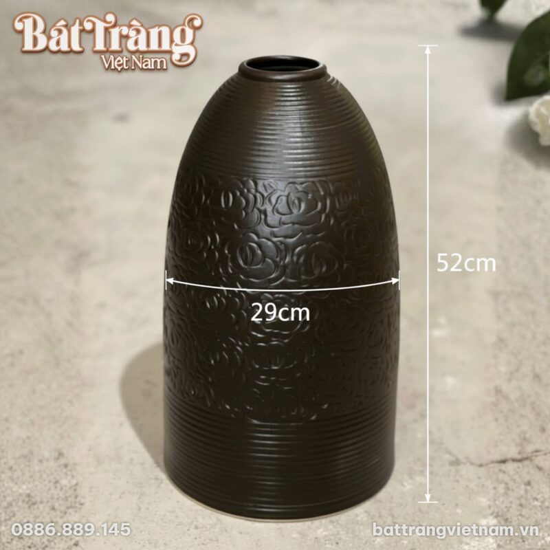 Kích thước Bình hoa men gốm mộc dáng chuông vân ngang khắc chìm hoa hồng BT-LH89
