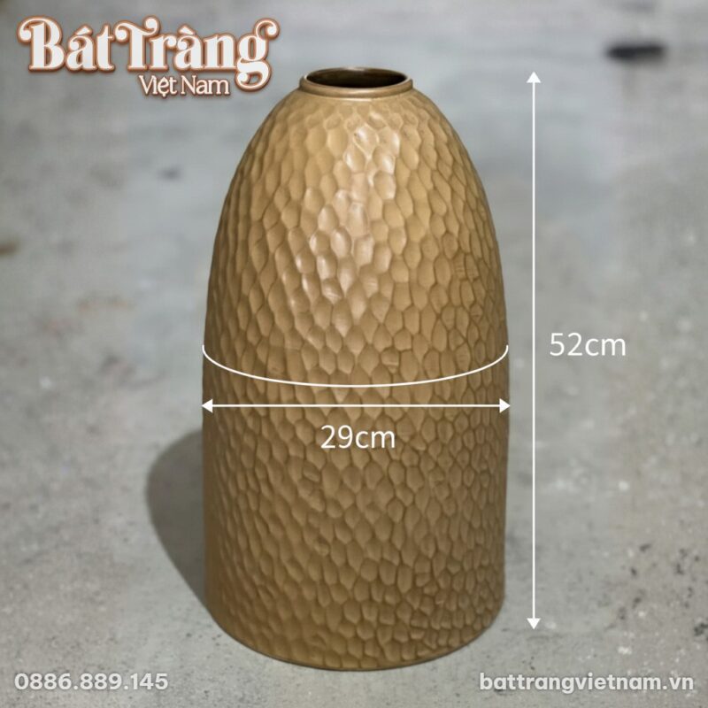 Kích thước Bình hoa men gốm mộc vàng nâu dáng chuông vân tổ ong khắc chìm BT-LH93 Kích thước Bình hoa men gốm mộc vàng nâu dáng chuông vân tổ ong khắc chìm BT-LH93