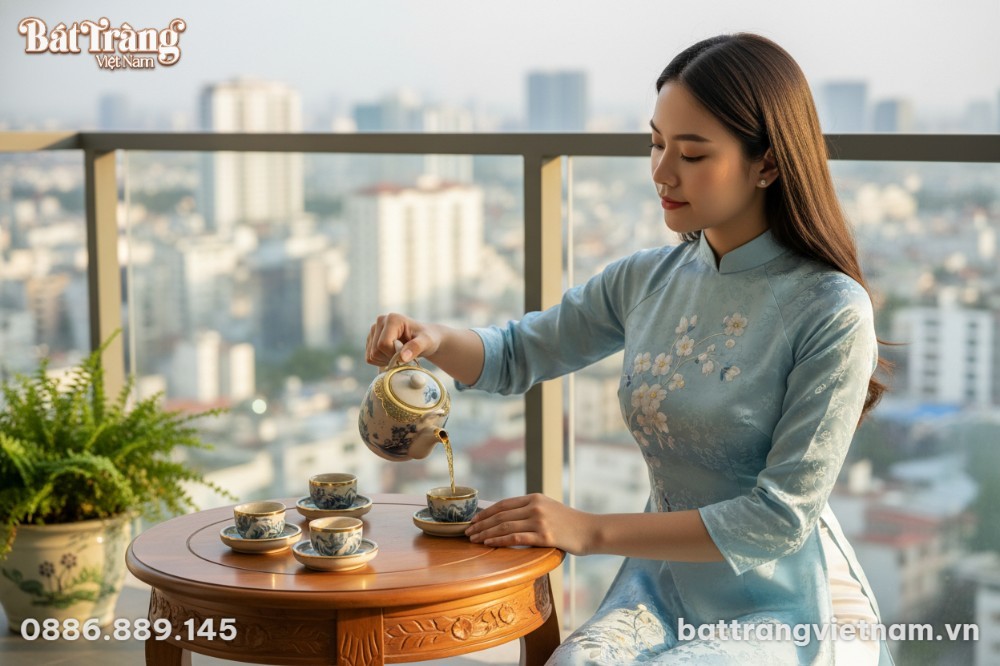 Một người mẫu thanh lịch trong áo dài truyền th...