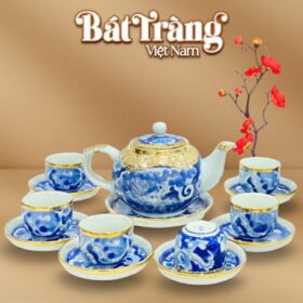 Bộ ấm chén hồng bọc đồng vàng men lam vẽ Long Ẩn 400ml BT-AC81