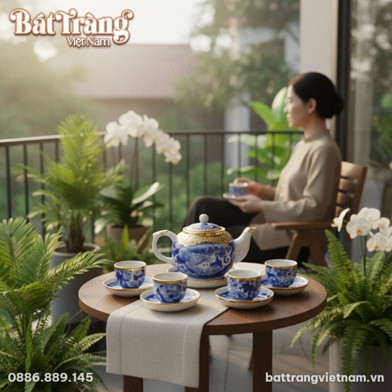 Bộ ấm chén Long Ẩn men lam bọc đồng vàng được đ...