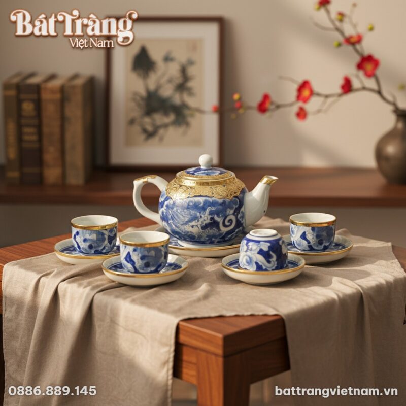 Cận cảnh nghệ thuật bộ ấm chén Long Ẩn men lam ...