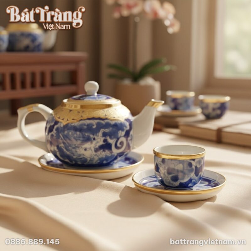 Chụp cận cảnh 1 ấm trà và 1 tách trà đặt trên n...