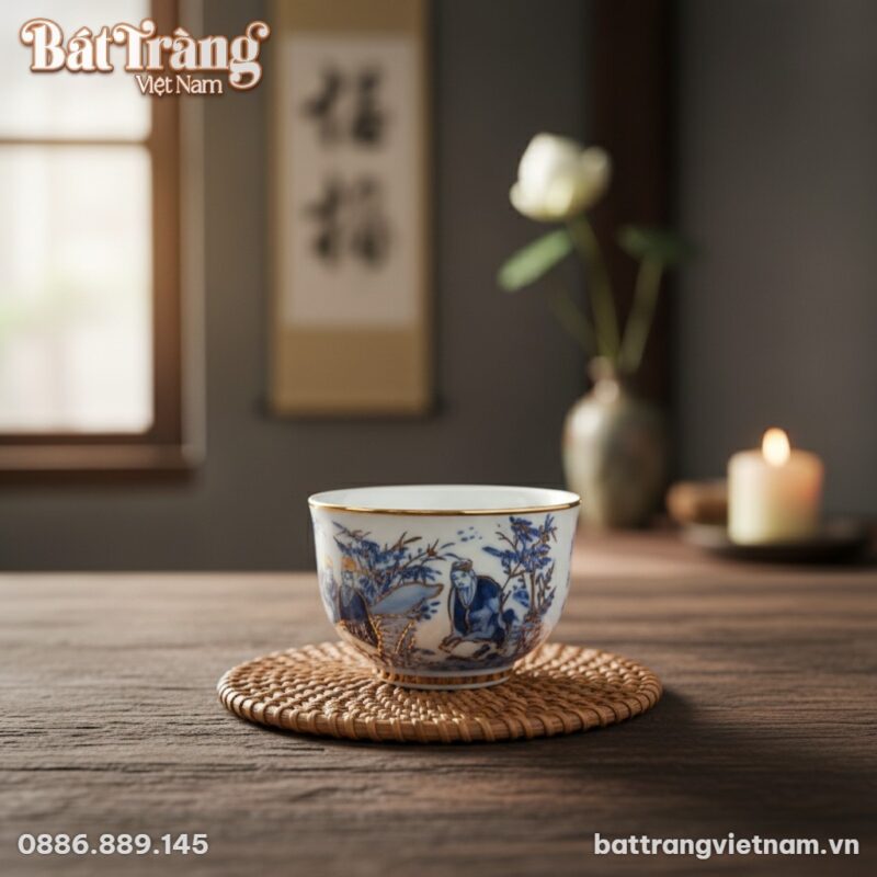 Cận cảnh một chén trà nhỏ không quai từ bộ ấm c...