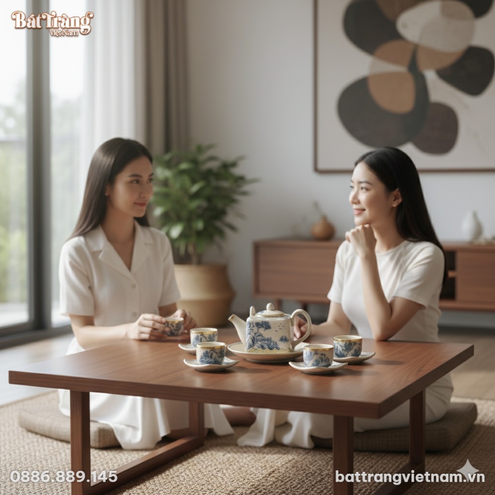 Bộ ấm chén Bát Tràng men rạn cổ họa tiết sơn th...