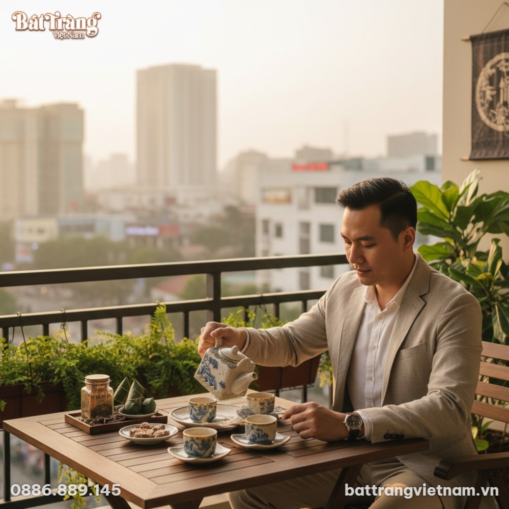 Một người đàn ông lịch lãm thưởng trà bằng bộ ấ...