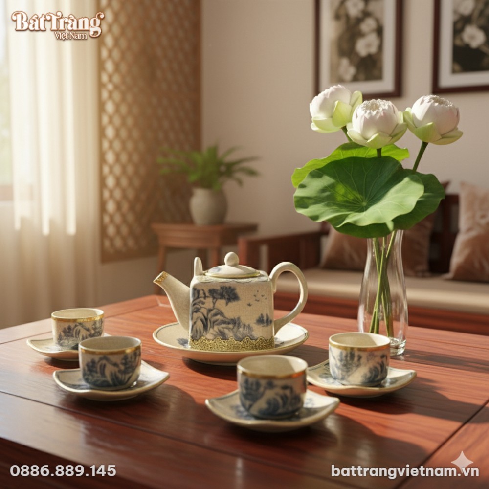 Cận cảnh bộ ấm chén men rạn cổ họa tiết sơn thủ...