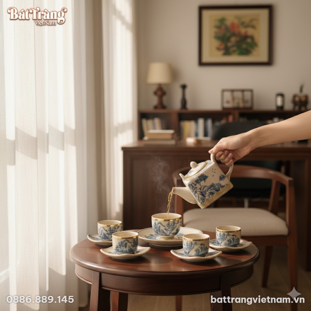 Bộ ấm chén Bát Tràng dáng vuông độc đáo đặt trê...