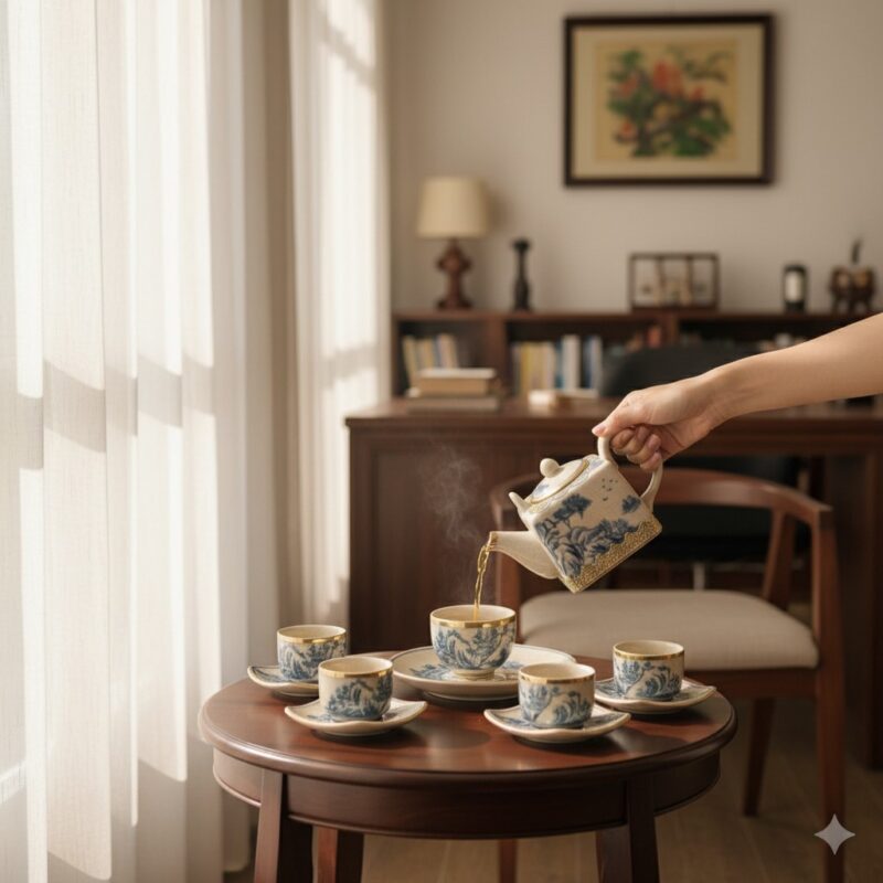 Bộ ấm chén Bát Tràng dáng vuông độc đáo đặt trê... Bộ ấm chén Bát Tràng dáng vuông độc đáo đặt trê...