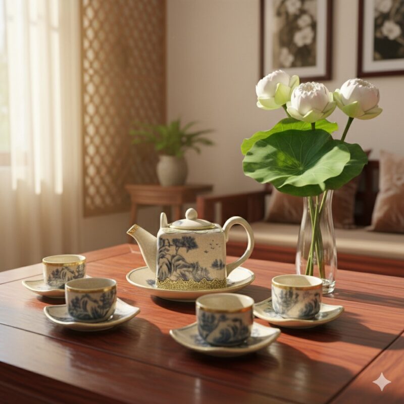 Cận cảnh bộ ấm chén men rạn cổ họa tiết sơn thủ... Cận cảnh bộ ấm chén men rạn cổ họa tiết sơn thủ...