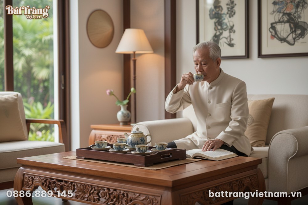 Bộ ấm ch&eacute;n men rạn B&aacute;t Tr&agrave;ng đặt tr&ecirc;n chiếc b&agrave;n...