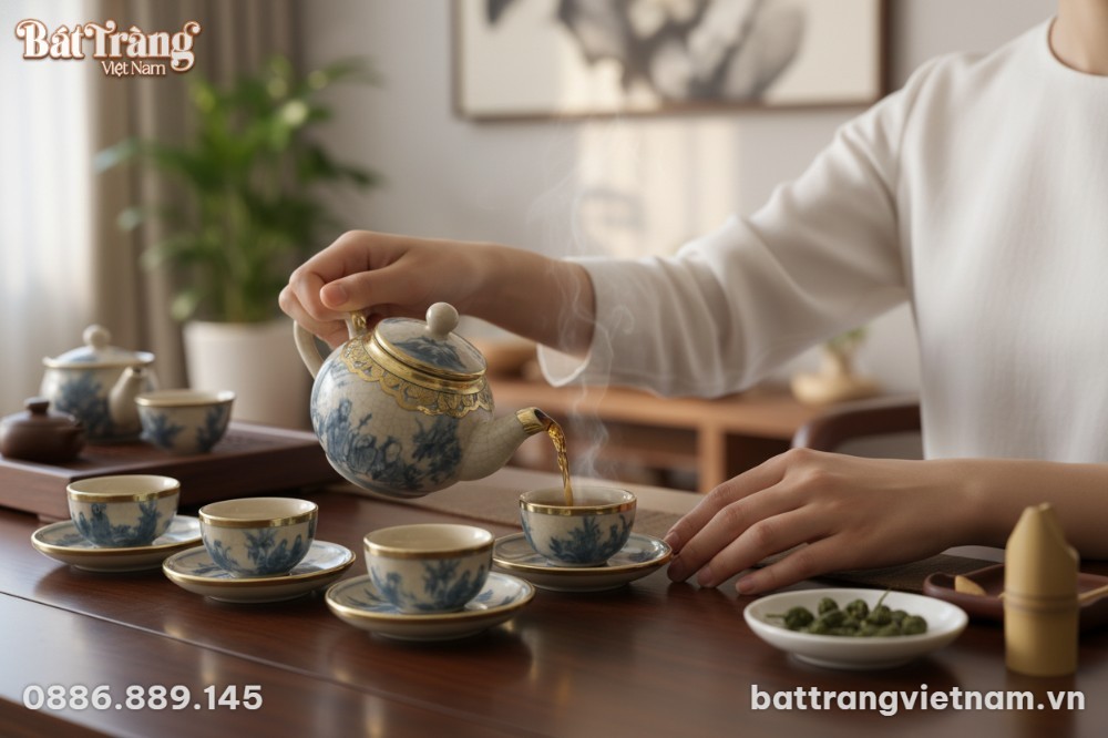 Cận cảnh bộ ấm ch&eacute;n men rạn B&aacute;t Tr&agrave;ng với họa t...