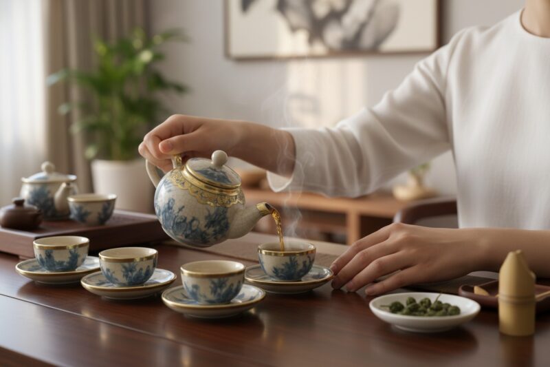 Cận cảnh bộ ấm chén men rạn Bát Tràng với họa t...