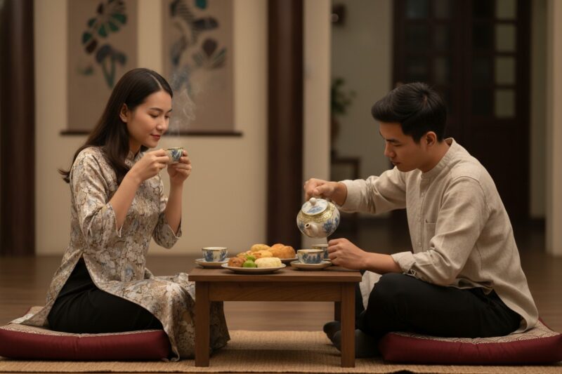 Hai người bạn đang uống trà và ăn bánh trong kh...