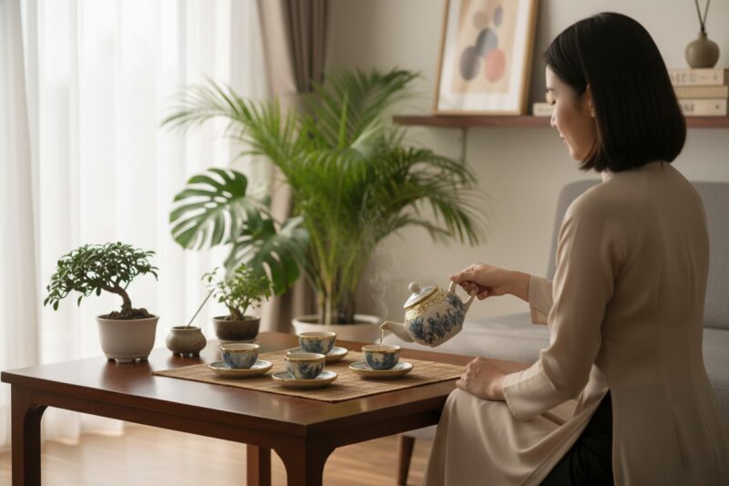 Một người phụ nữ thanh lịch mặc áo dài cách tân...