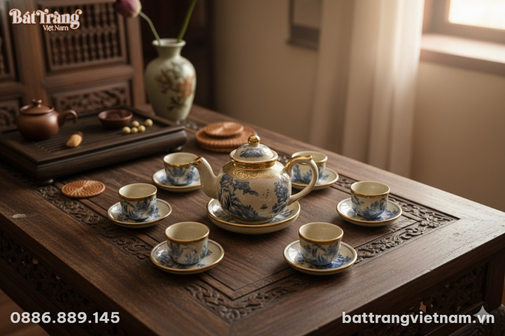 Cận cảnh bộ ấm ch&eacute;n B&aacute;t Tr&agrave;ng men rạn bọc đồng ...