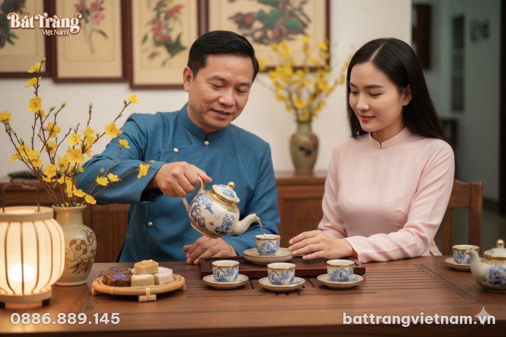 Bộ ấm ch&eacute;n B&aacute;t Tr&agrave;ng men rạn bọc đồng nổi bật t...