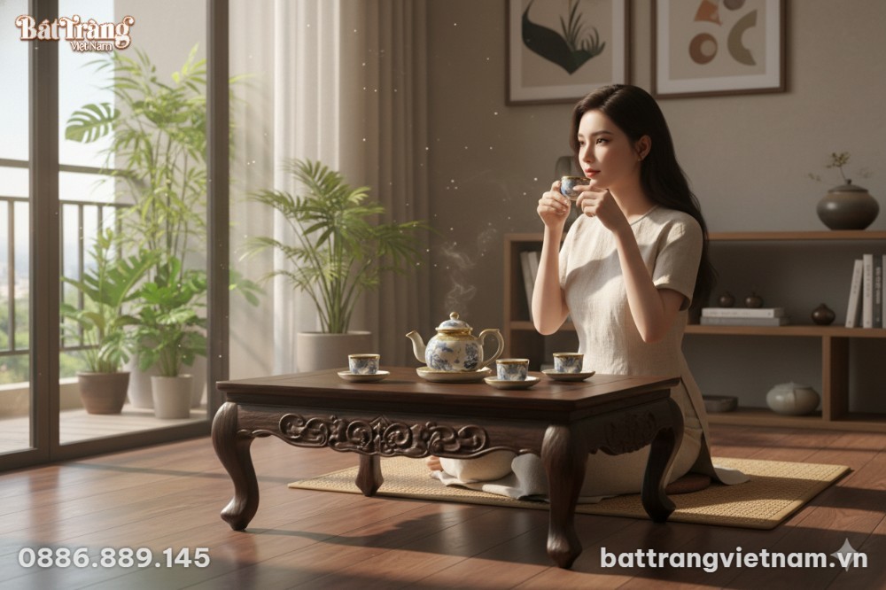 Bộ ấm ch&eacute;n B&aacute;t Tr&agrave;ng men rạn bọc đồng đặt tr&ecirc;n ...