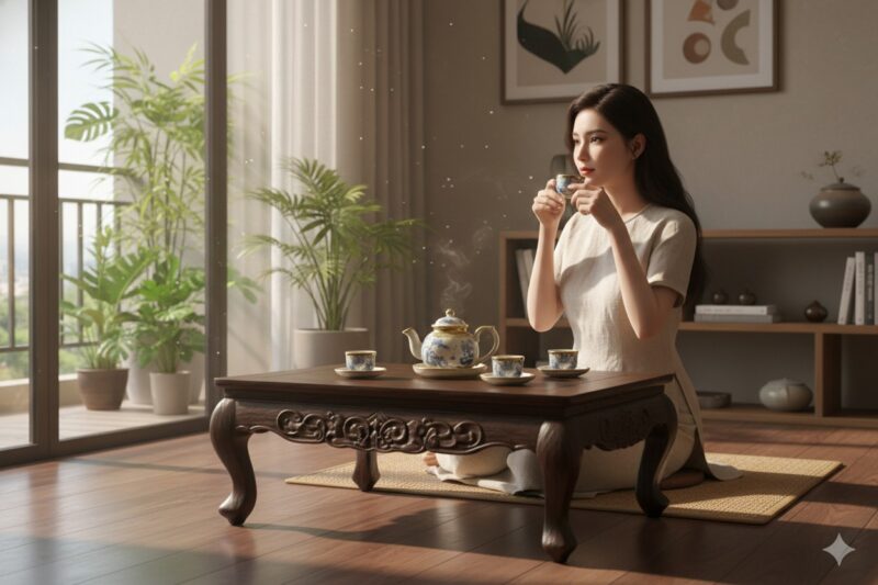 Bộ ấm chén Bát Tràng men rạn bọc đồng đặt trên ...