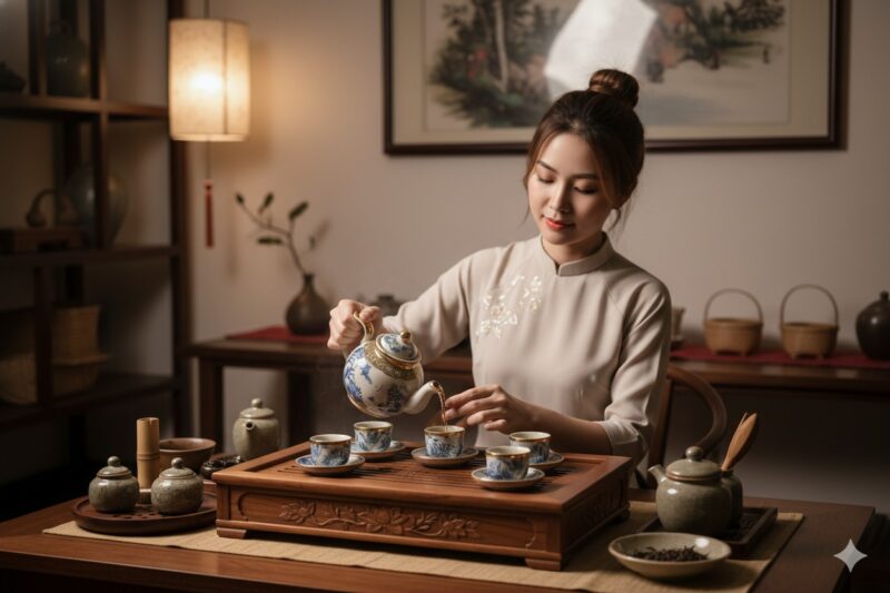 Bộ ấm chén Bát Tràng men rạn bọc đồng nổi bật t...