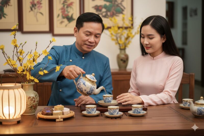 Cận cảnh bộ ấm chén Bát Tràng men rạn bọc đồng ...