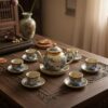 Góc chụp từ trên cao xuống bộ ấm chén Bát Tràng...