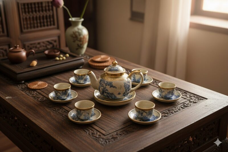 Góc chụp từ trên cao xuống bộ ấm chén Bát Tràng...