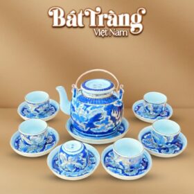 Bộ ấm chén vung lõm men lam vẽ vàng 24K Long Ẩn 400ml BT-AC80