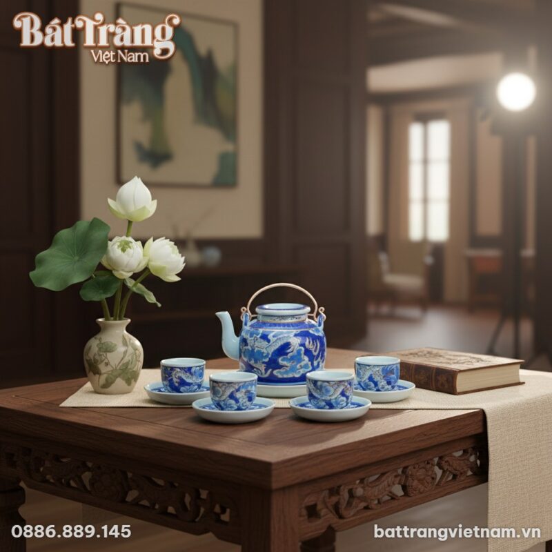 Bộ ấm chén Long Ẩn men lam vẽ vàng 24K được sắp...