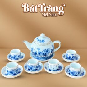 Bộ ấm trà dáng hồng men lam vẽ Trúc Lâm Thất Hiền chỉ vàng 400ml BT-AC79