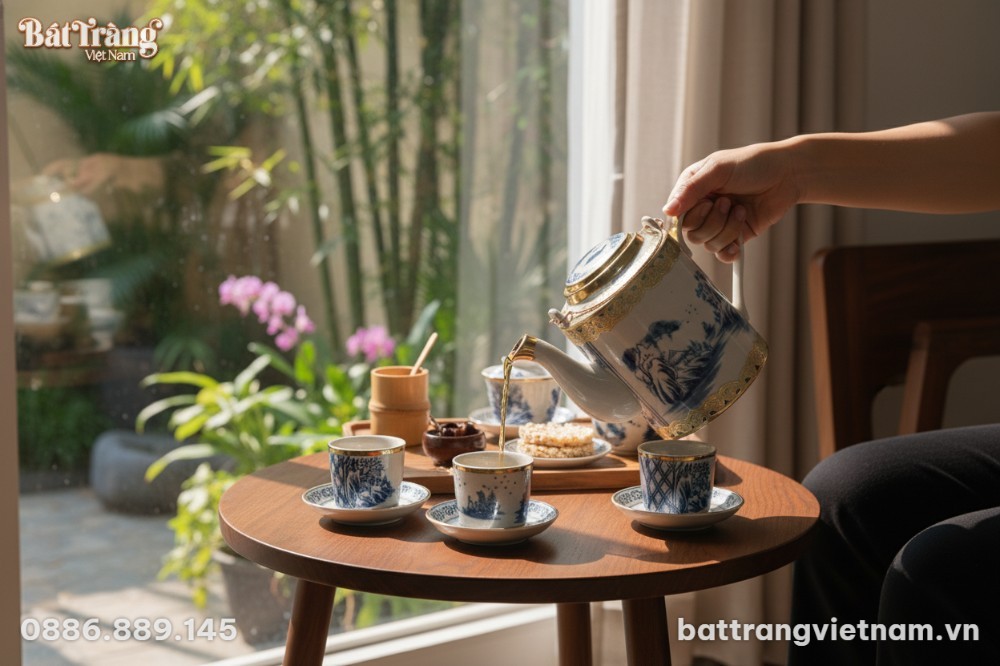 Cận cảnh Bộ ấm t&iacute;ch men rạn cổ họa tiết sơn thủ...