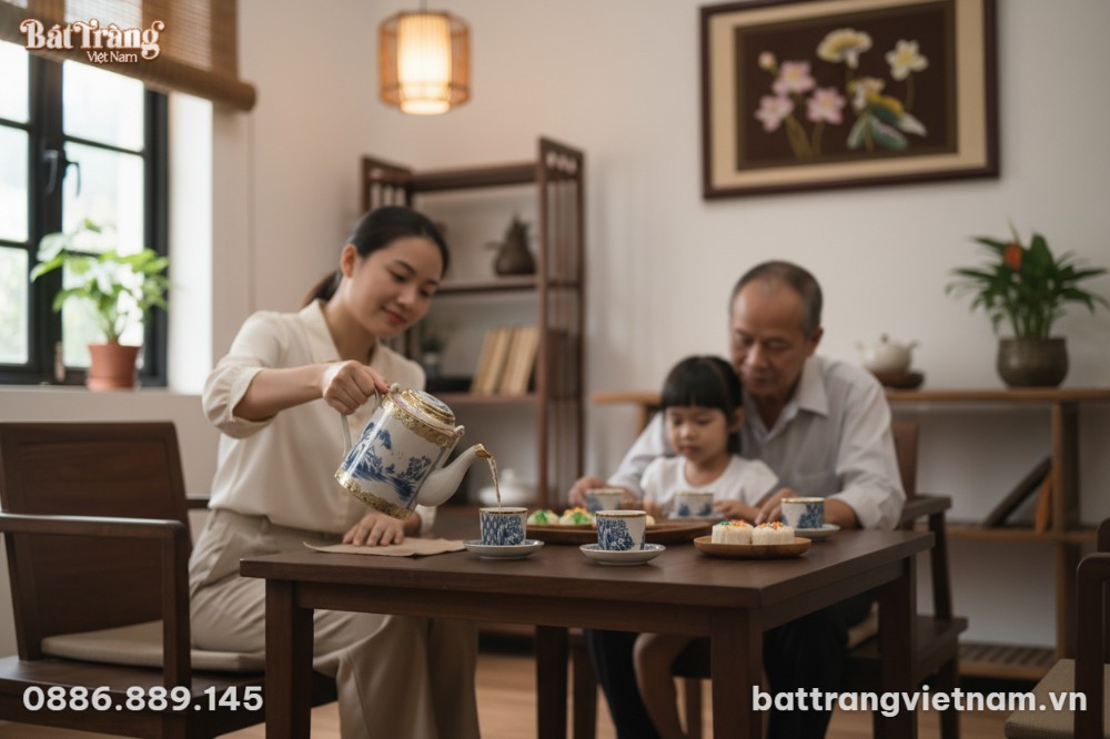 Gia đ&igrave;nh Việt Nam qu&acirc;y quần trong ph&ograve;ng tr&agrave; ấm ...