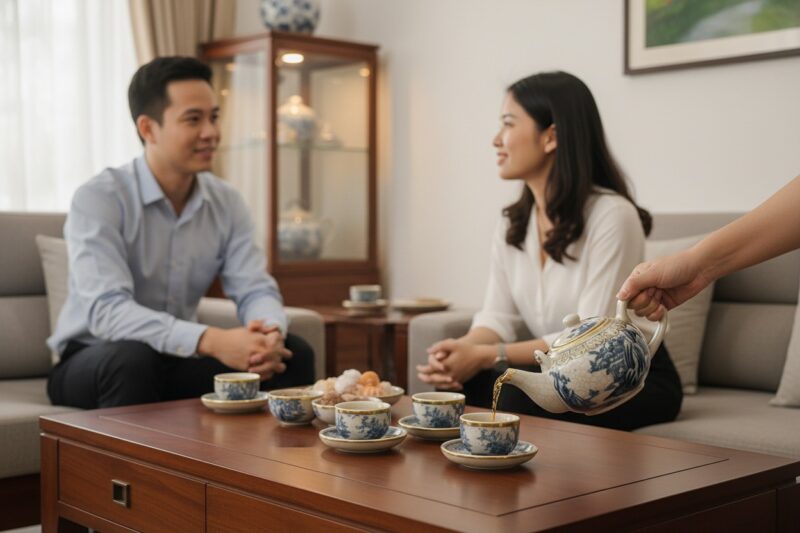 Không gian phòng khách Việt Nam hiện đại, hai n...