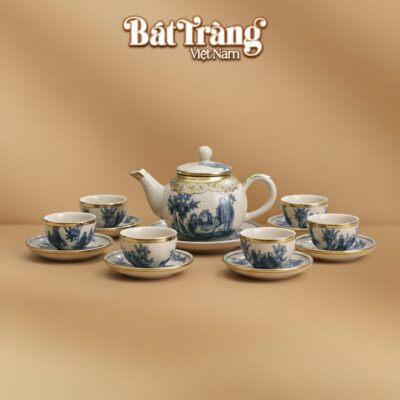 Bộ ấm trà quả chuông men rạn cổ bọc đồng họa tiết men lam BT-AC85 - Ảnh đại diện