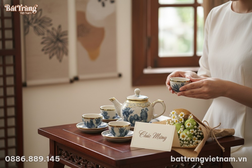 Cận cảnh bộ ấm tr&agrave; B&aacute;t Tr&agrave;ng men rạn cổ, với họ...