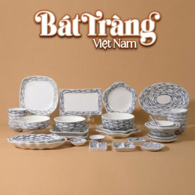 Bộ bát đĩa Bát Tràng men sứ trắng hoạ tiết cá đàn viền Đại Phúc BD-62