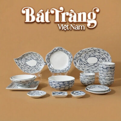 Bộ bát đĩa Bát Tràng men sứ trắng hoạ tiết cá đàn viền Sum Họp BD-63