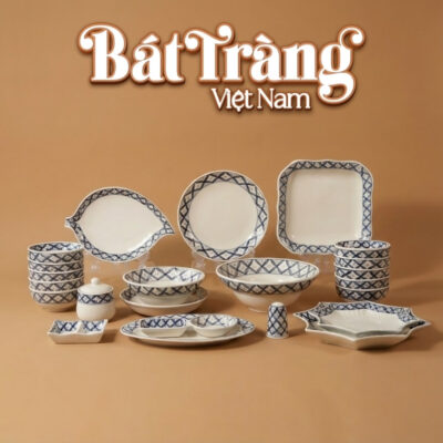Bộ bát đĩa Bát Tràng men sứ trắng hoạ tiết hoa chanh Thuận Hoà BD-70