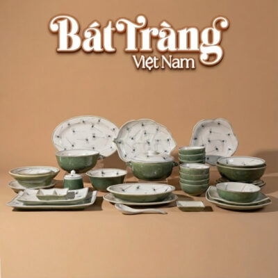 Bộ bát đĩa Bát Tràng men sứ trắng hoạ tiết chuồn xanh Đầy Đủ BD-67