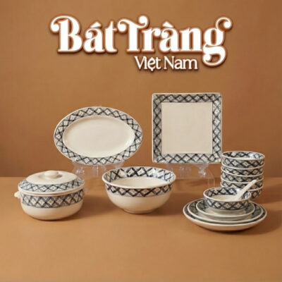 Bộ bát đĩa Bát Tràng men sứ trắng hoạ tiết hoa chanh Tứ Quý BD-72