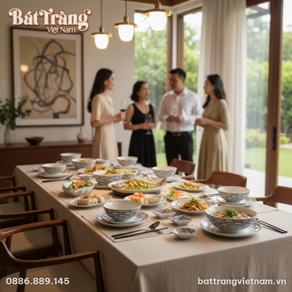 Những chiếc đĩa hình chữ nhật, đĩa sóng lượn và đĩa tròn lớn thể hiện sự linh hoạt trong bài trí món ăn