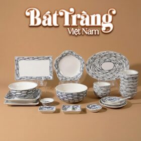 Bộ bát đĩa Bát Tràng men sứ trắng hoạ tiết cá đàn viền An Gia BD-59