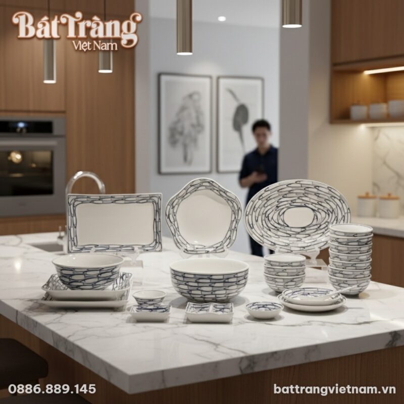 Cận cảnh bộ bát đĩa Bát Tràng men trắng họa tiế...