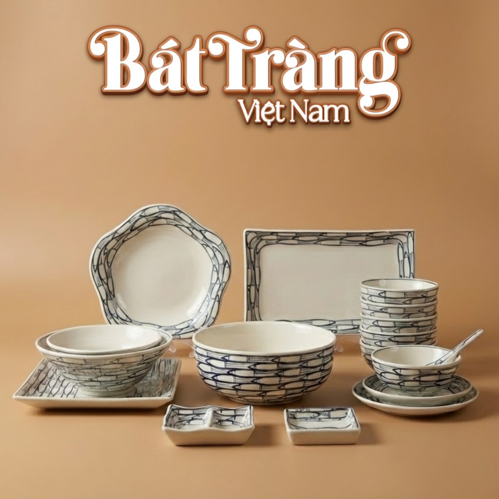 Bộ bát đĩa Bát Tràng men sứ trắng hoạ tiết cá đàn viền An Nhiên BD-60