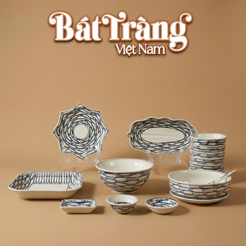 Bộ bát đĩa Bát Tràng men sứ trắng hoạ tiết cá đàn viền Bình An BD-61