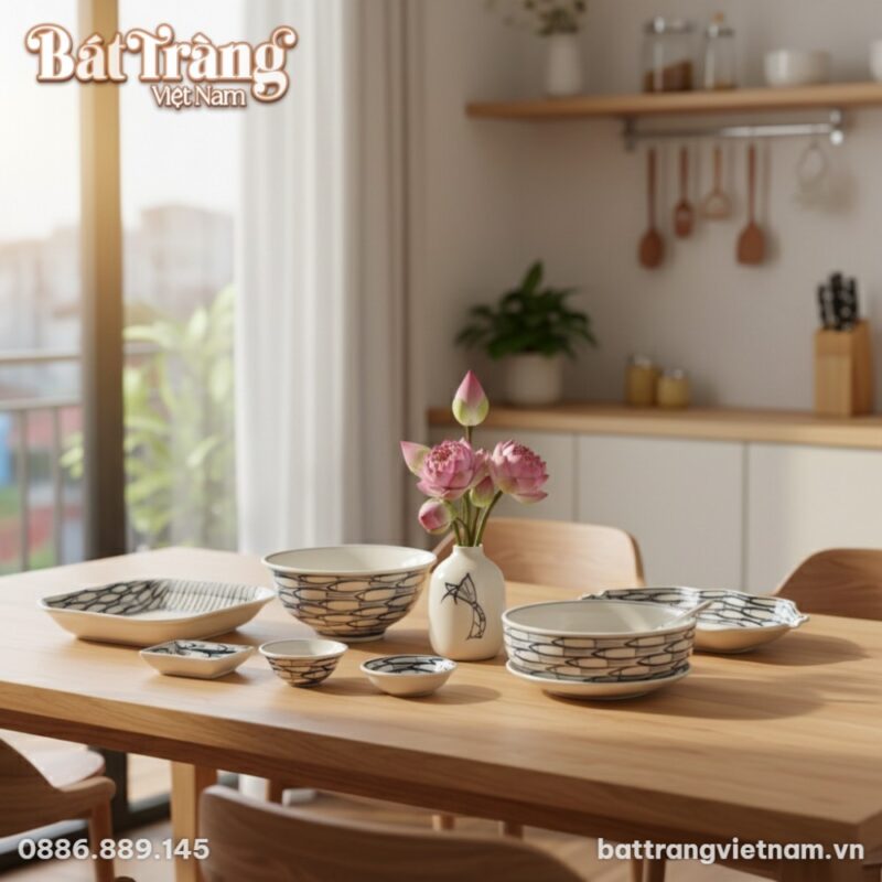 Cận cảnh bộ bát đĩa Bát Tràng men sứ trắng hoạ ... Cận cảnh bộ bát đĩa Bát Tràng men sứ trắng hoạ ...